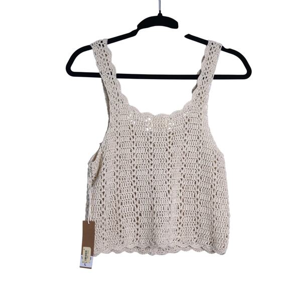 DREAMERS BY DEBUT NWT Button-Up Crochet Crop Tank Sweater Tan Women's L - Picture 2 of 9